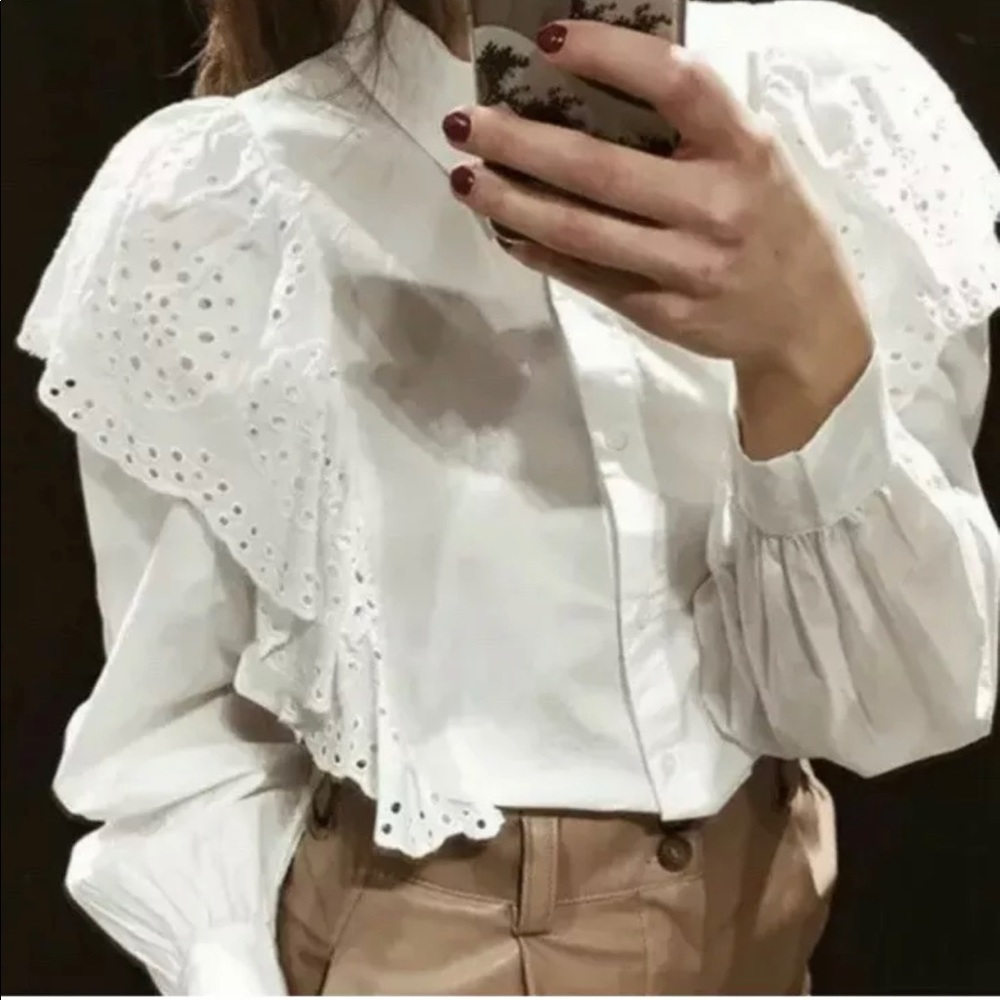 Zara embroidered cotton short ruffled blouse blogg